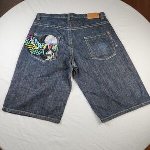 Miskeen Mens Baggy Denim Jorts Shorts Blue‎ Skull Embroidered Y2K Hip Hop 38